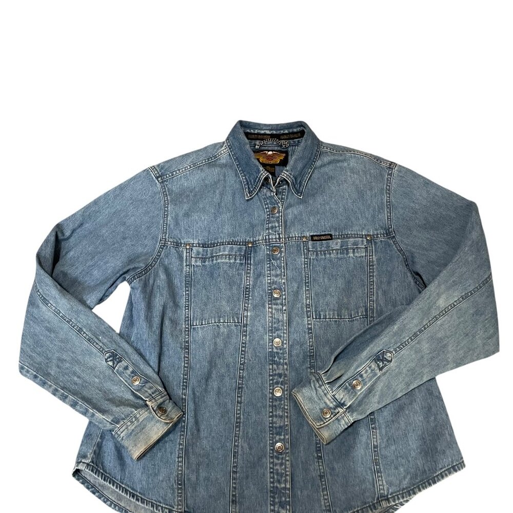 Vintage Harley Davidson Denim Metal Snap Front Shirt Blue Women's Sz XL